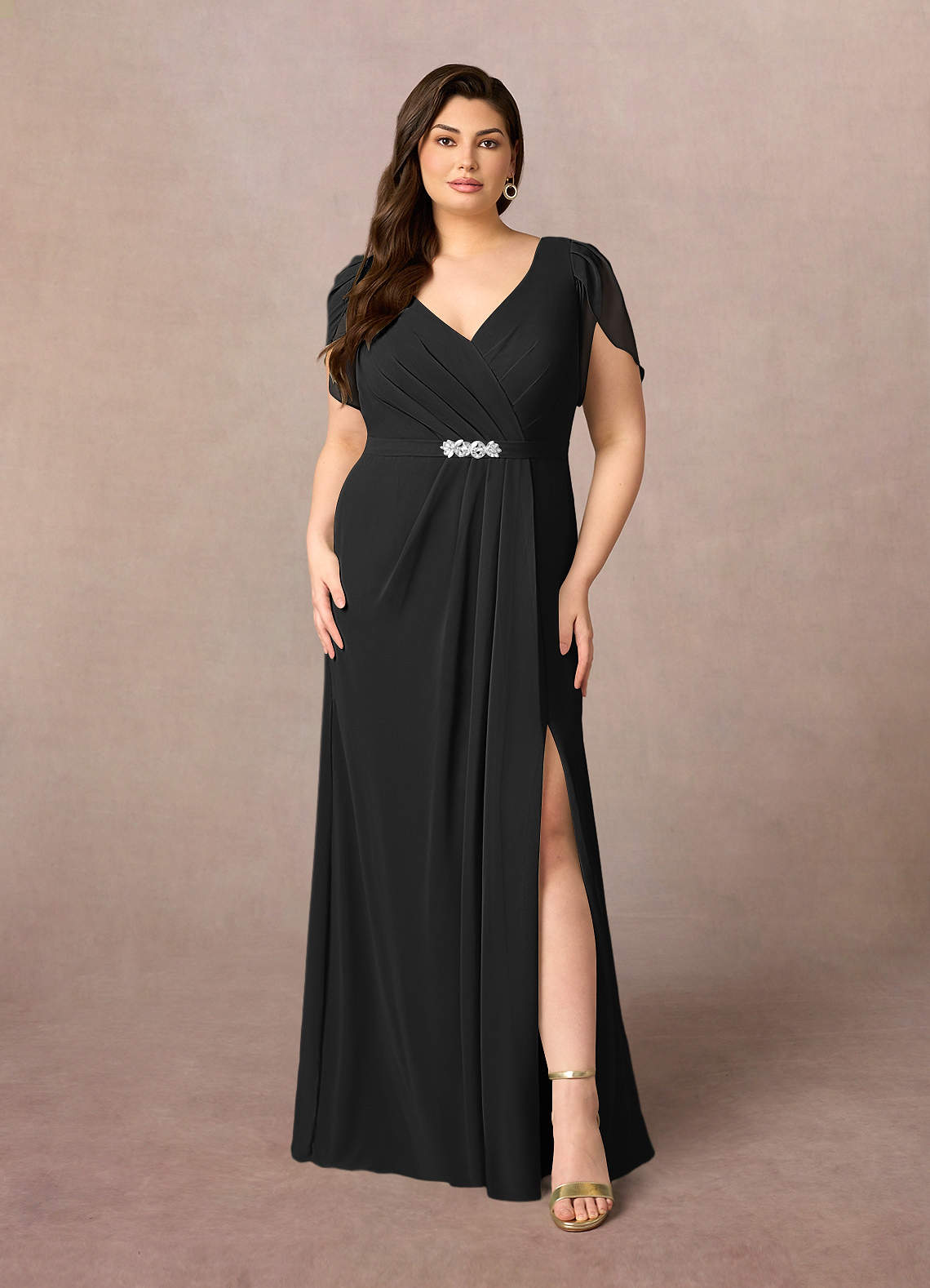 Black Sheath V-Neck Pleated Chiffon Dress