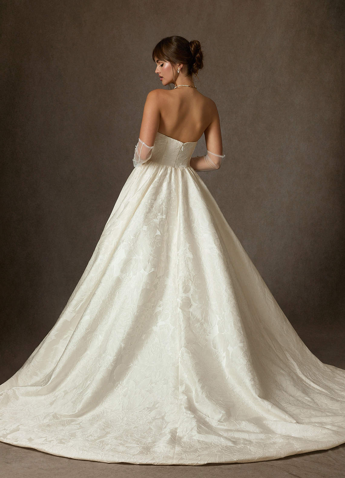 Antique White Ball-Gown Strapless Floral Jacquard Dress