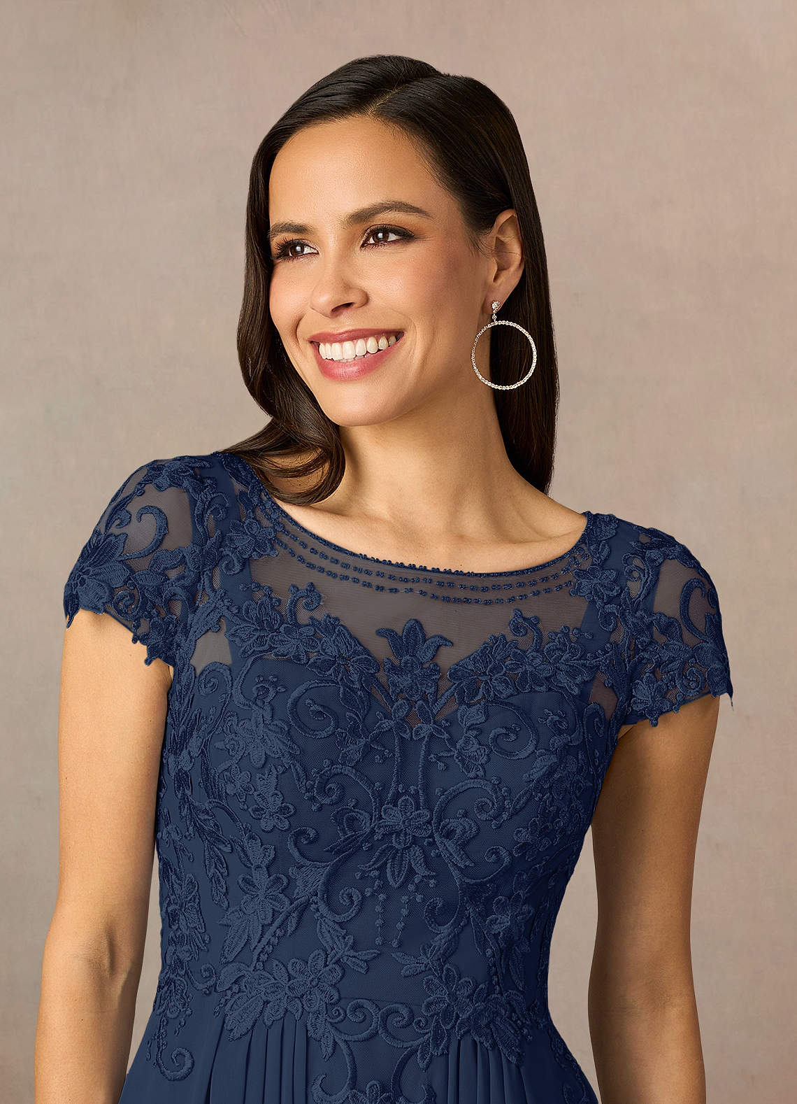 Dark Navy A-Line Lace Chiffon Dress