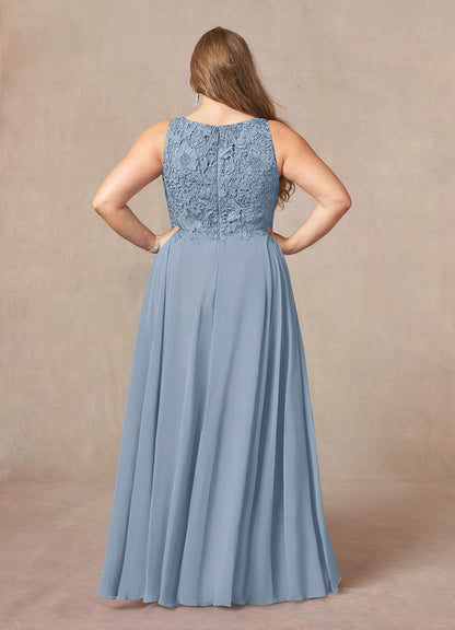Dusty Blue A-Line Scoop lace Chiffon Dress