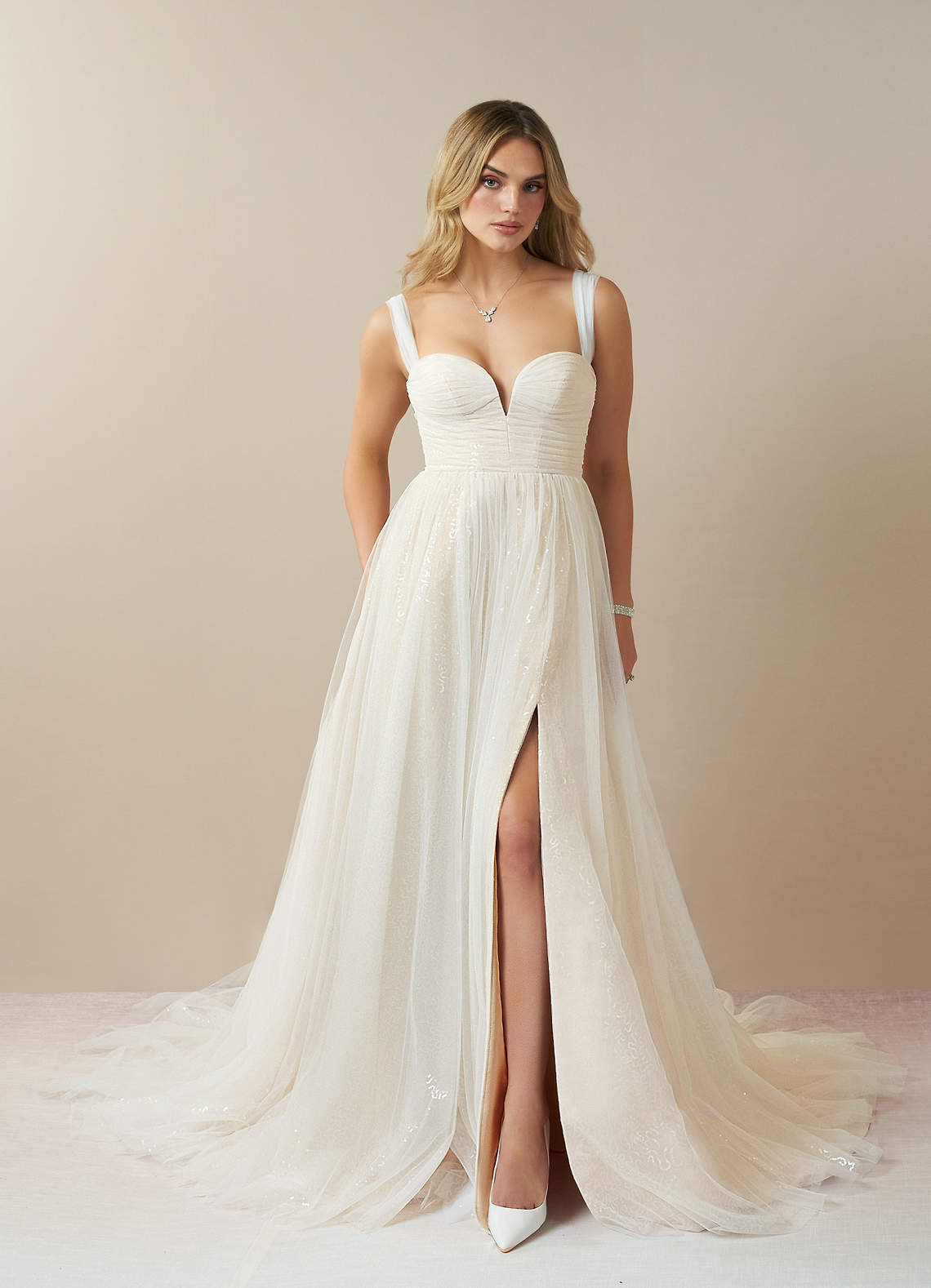 Diamond White Champagne A-Line Off the Shoulder Tulle Dress