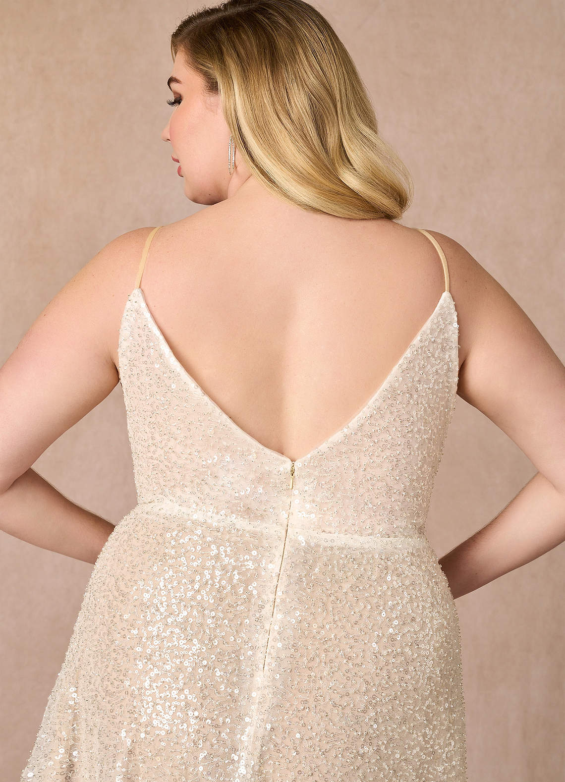 Diamond White Champagne A-Line V-Neck Sequins Sequins Dress