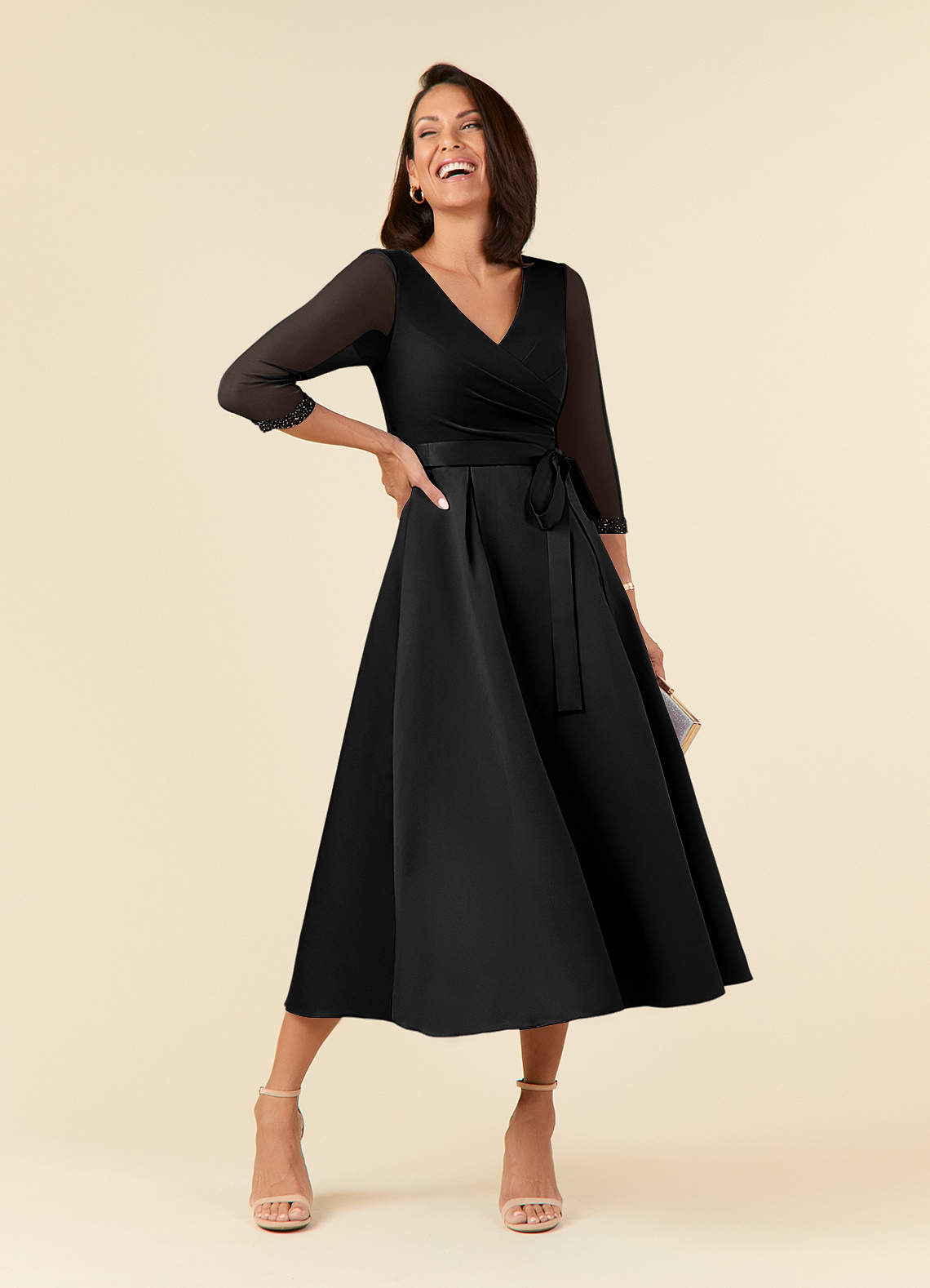 Black A-Line Pleated Matte Satin Dress