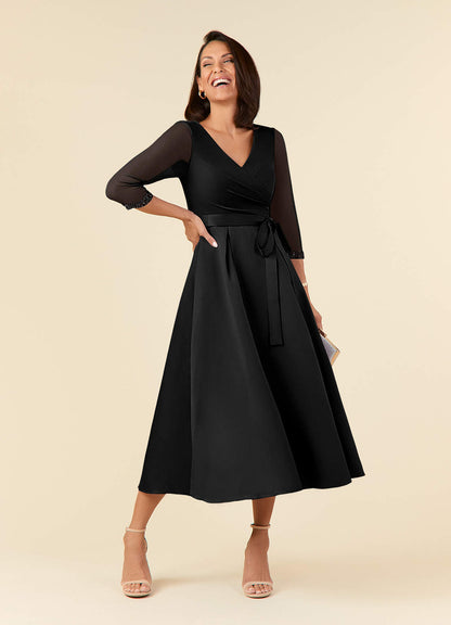 Black A-Line Pleated Matte Satin Dress
