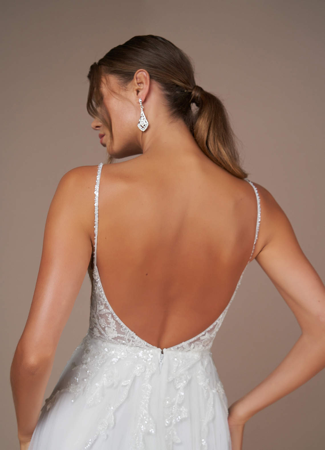 Diamond White Champagne A-Line V-Neck Sequins Tulle Dress