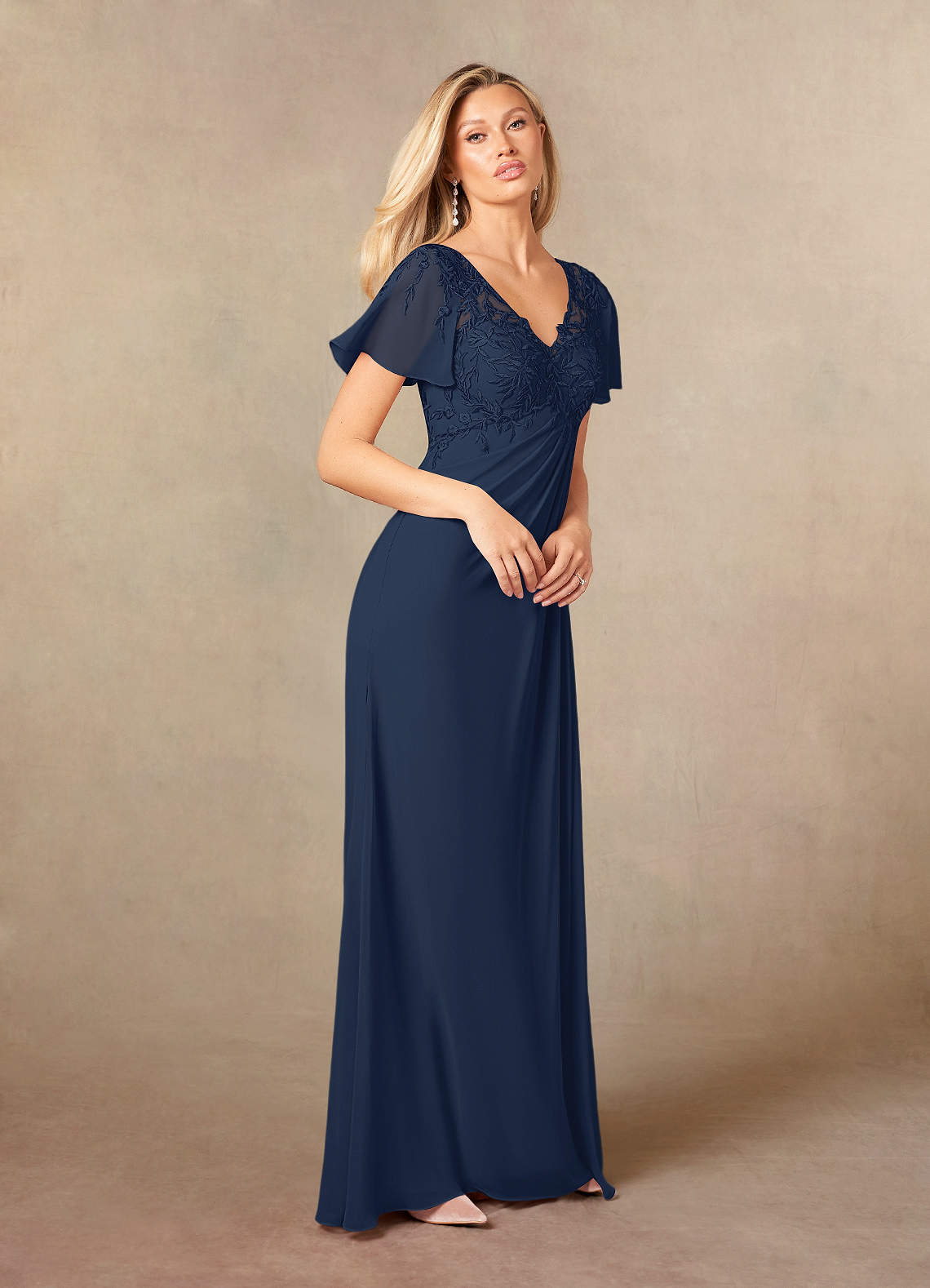 Dark Navy A-Line V-Neck Lace Chiffon Dress