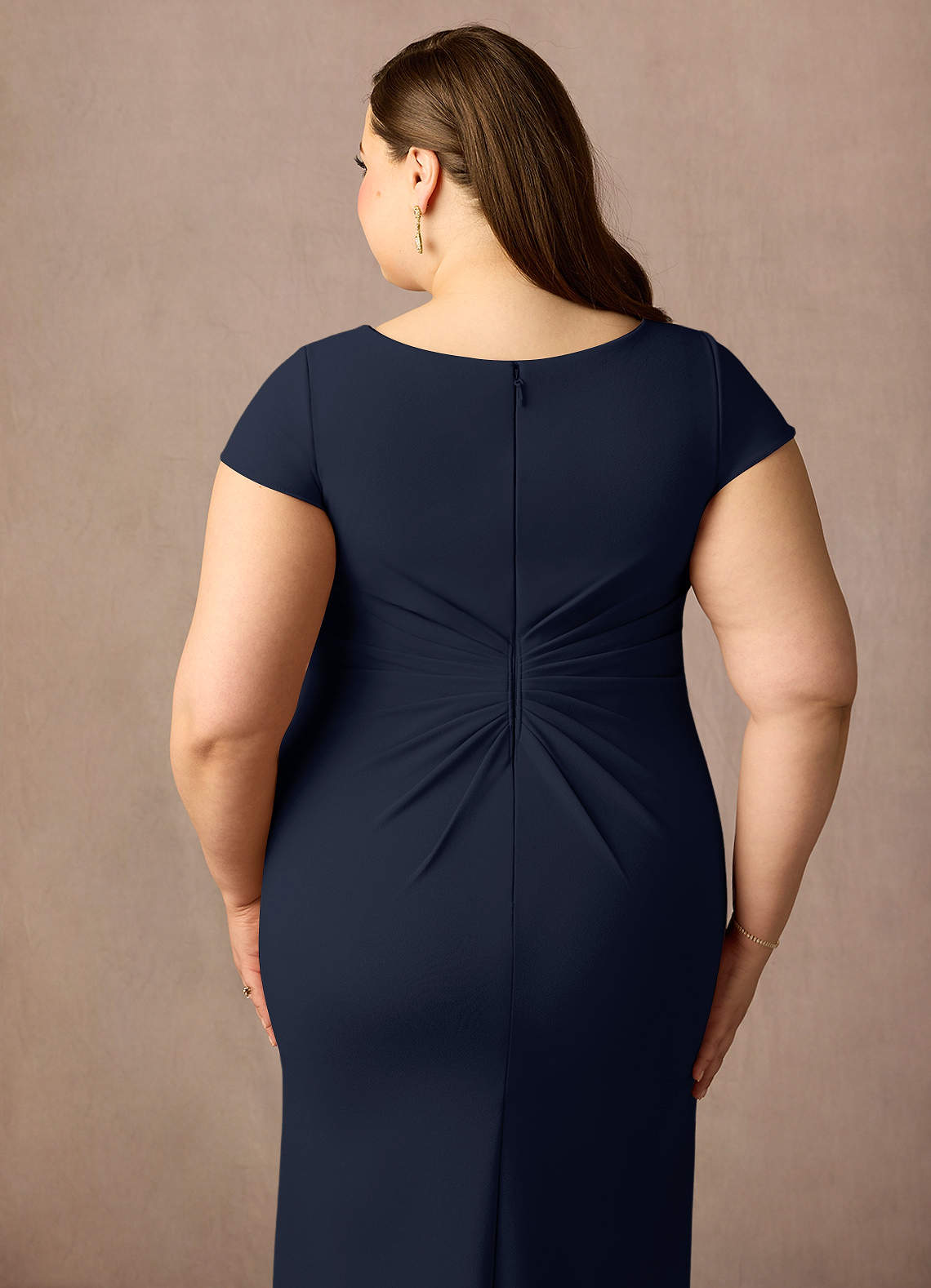 Dark Navy Mermaid V-Neck Pleated Stretch Crepe Dress
