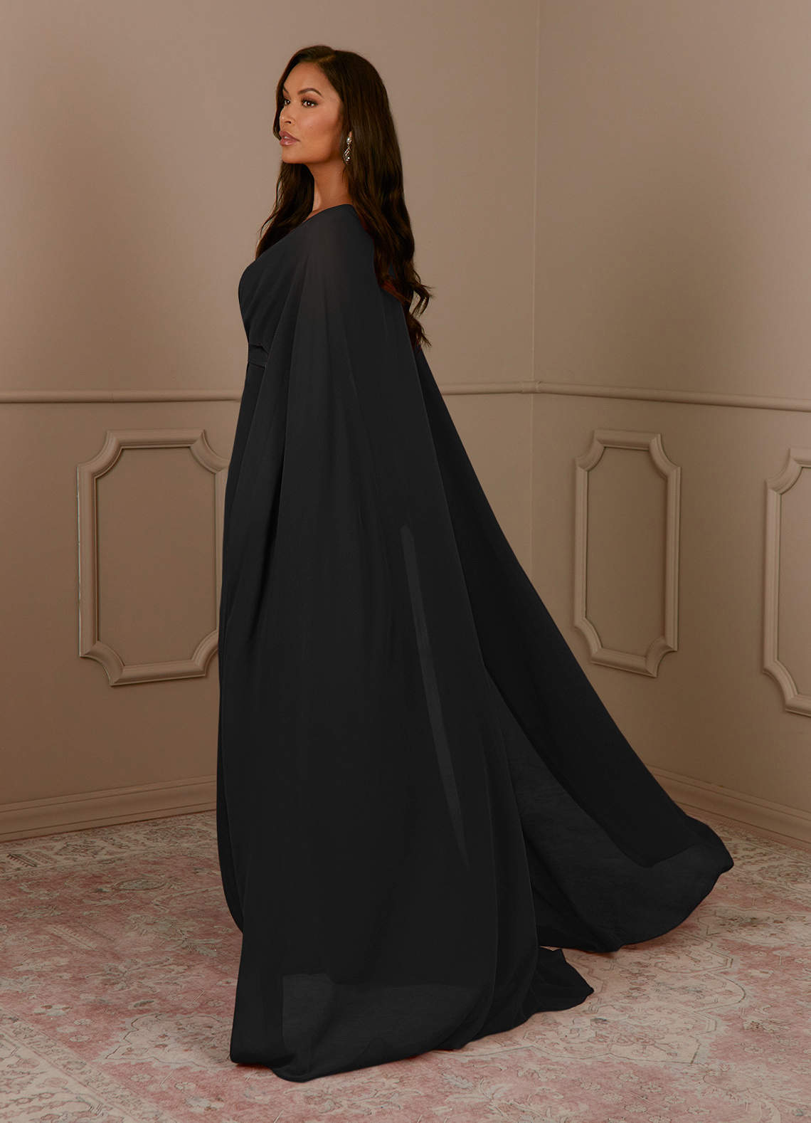 Black A-Line V-Neck Pleated Chiffon Dress