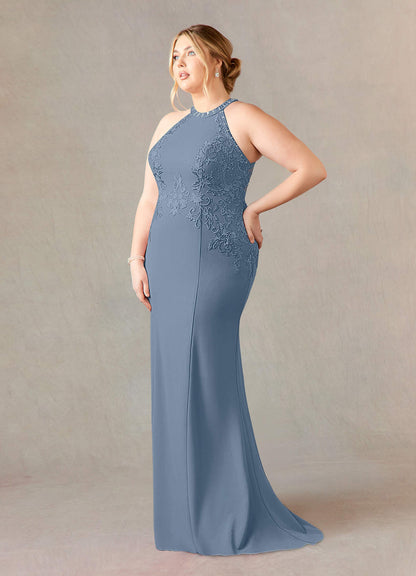 Dusty Blue Mermaid Halter Lace Stretch Crepe Dress