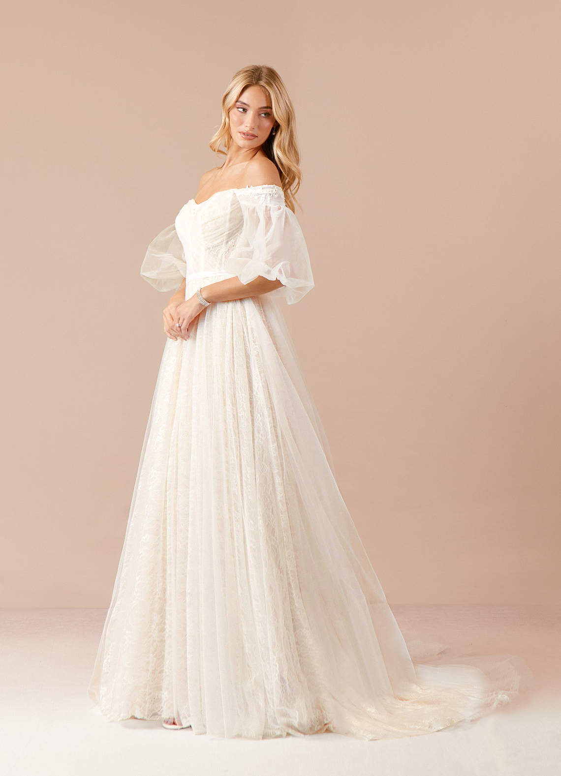 Diamond White Champagne Ball-Gown Sequins Tulle Dress