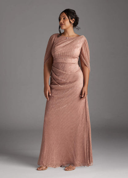 Rose Gold Sheath Pleated Cape Metallic Mesh Dress