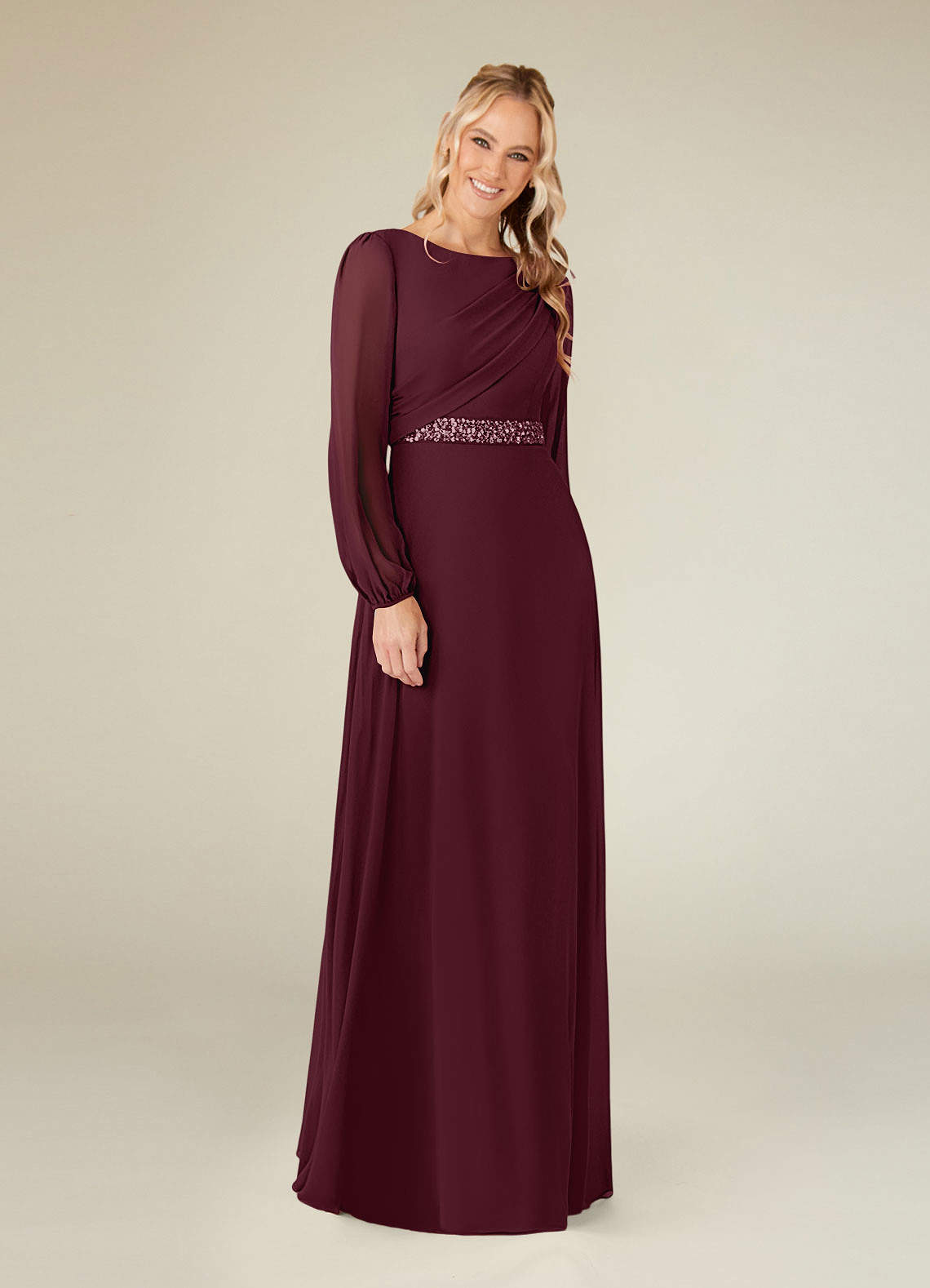 Cabernet A-Line Boatneck Pleated Chiffon Dress