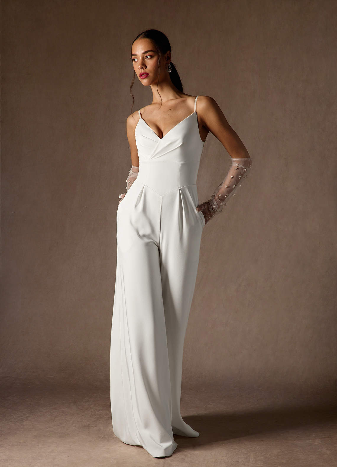 Diamond White Pant Styles V-Neck Pleated Crepe Back Satin Dress
