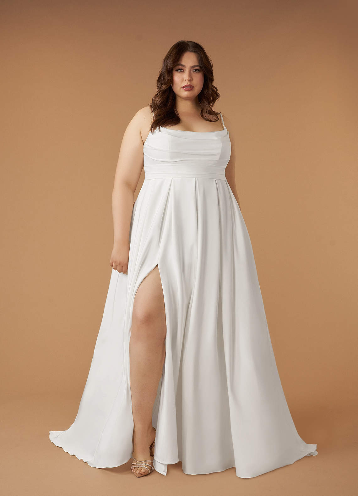 Diamond White A-Line Scoop Pleated Crepe Back Satin Dress
