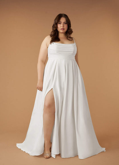 Diamond White A-Line Scoop Pleated Crepe Back Satin Dress