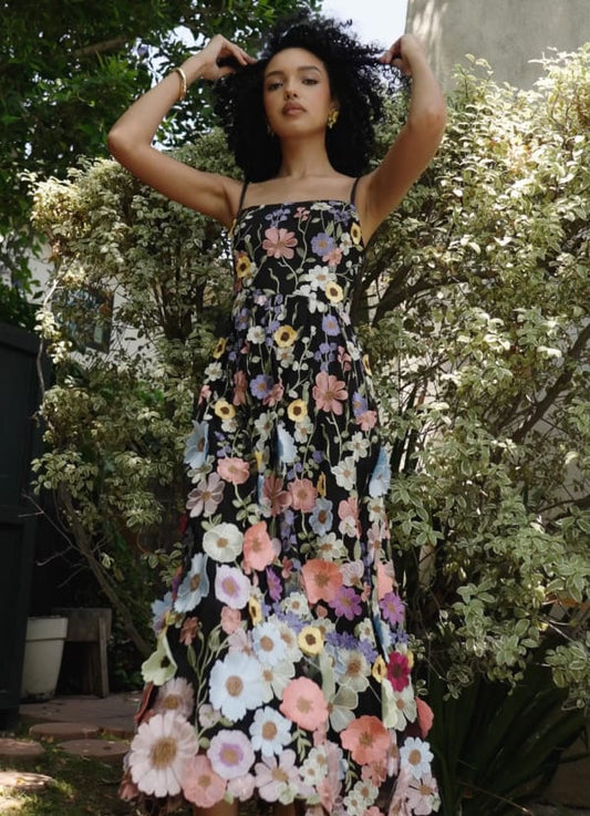Nia Black And Multi Floral Midi Dress