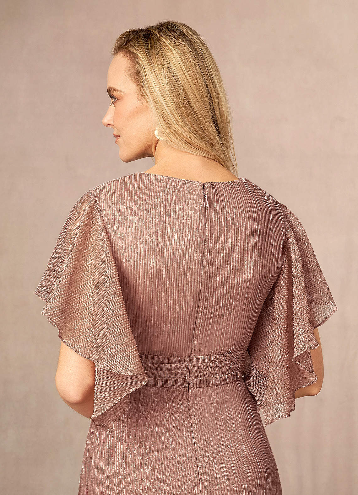 Rose Gold A-Line Ruffle Flutter Sleeve Metallic Mesh Dress