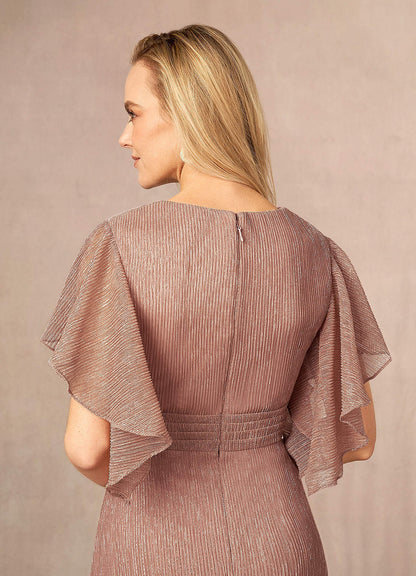 Rose Gold A-Line Ruffle Flutter Sleeve Metallic Mesh Dress
