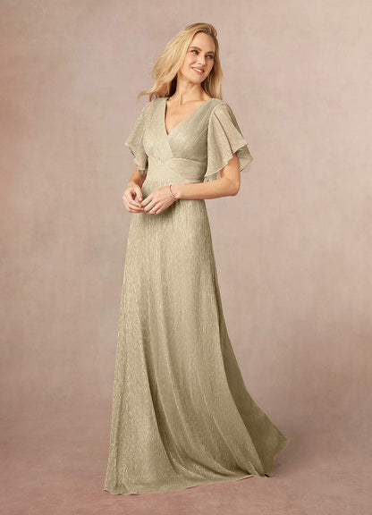 Champagne Gold A-Line V-Neck Flutter Sleeve Metallic Mesh Dress