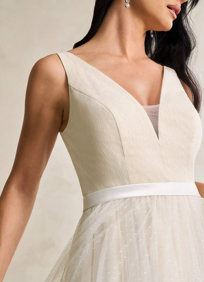 Diamond White Champagne A-Line Bow Tulle Dress
