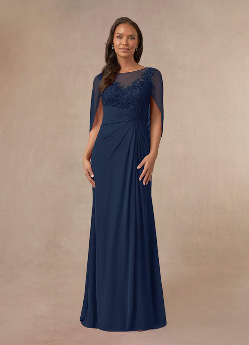 Dark Navy A-Line Lace Capelet Chiffon Dress