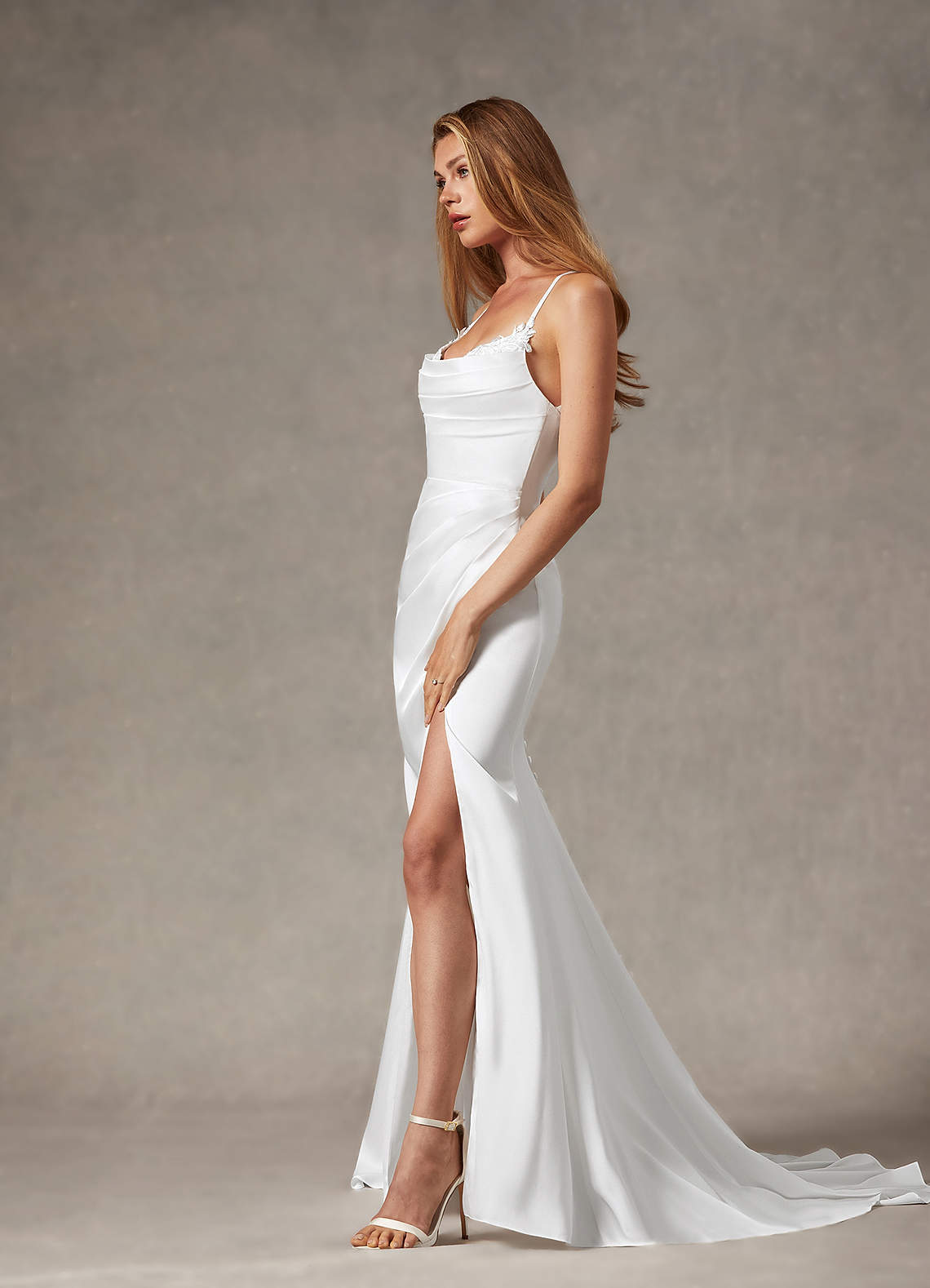 Diamond White Mermaid V-Neck Stretch Satin Dress