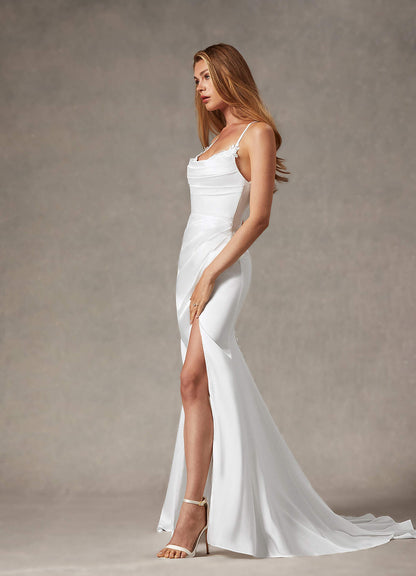 Diamond White Mermaid V-Neck Stretch Satin Dress