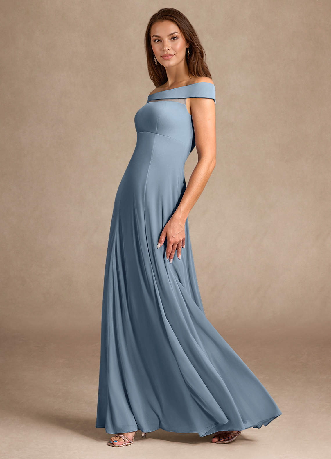 Dusty Blue A-Line Off the Shoulder Mesh Dress