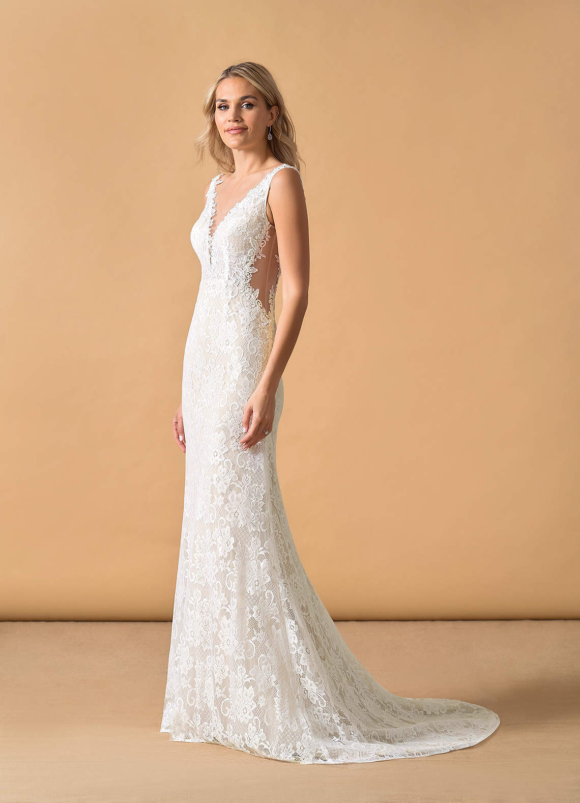 Diamond White Champagne Mermaid V-Neck Lace Tulle Dress
