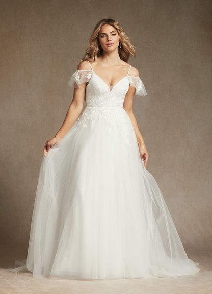Diamond White A-Line V-Neck Sequins Tulle Dress