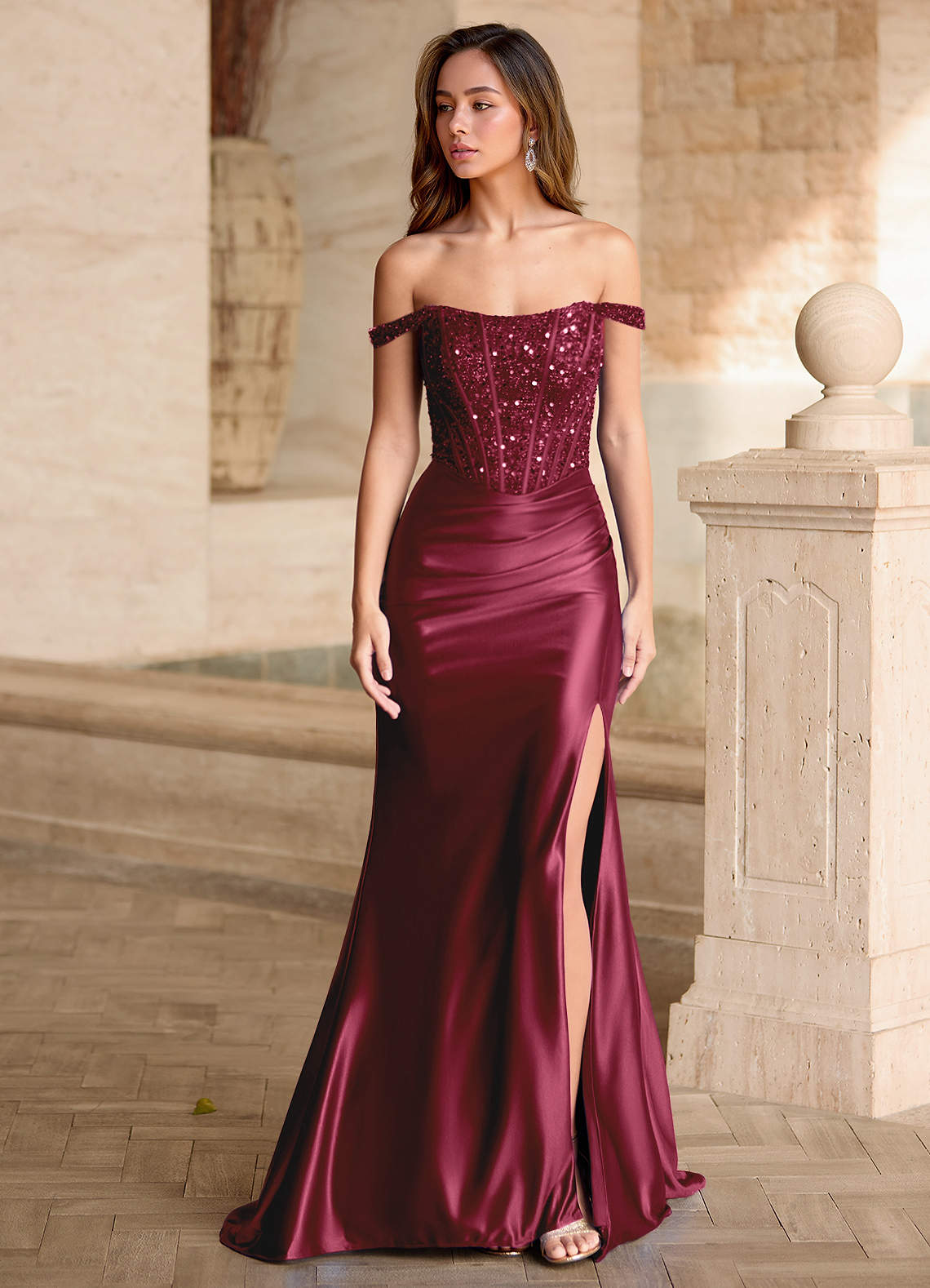 Valeria Burgundy Velvet Sequins Corset Satin Prom Dress