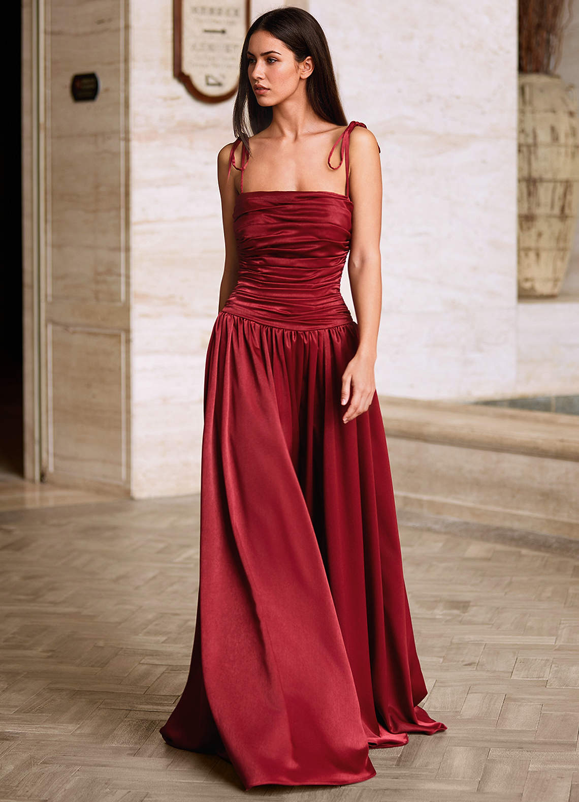 Luxa Burgundy Square Neckline Pleated Prom Dress
