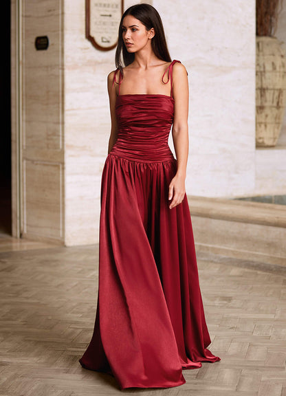 Luxa Burgundy Square Neckline Pleated Prom Dress