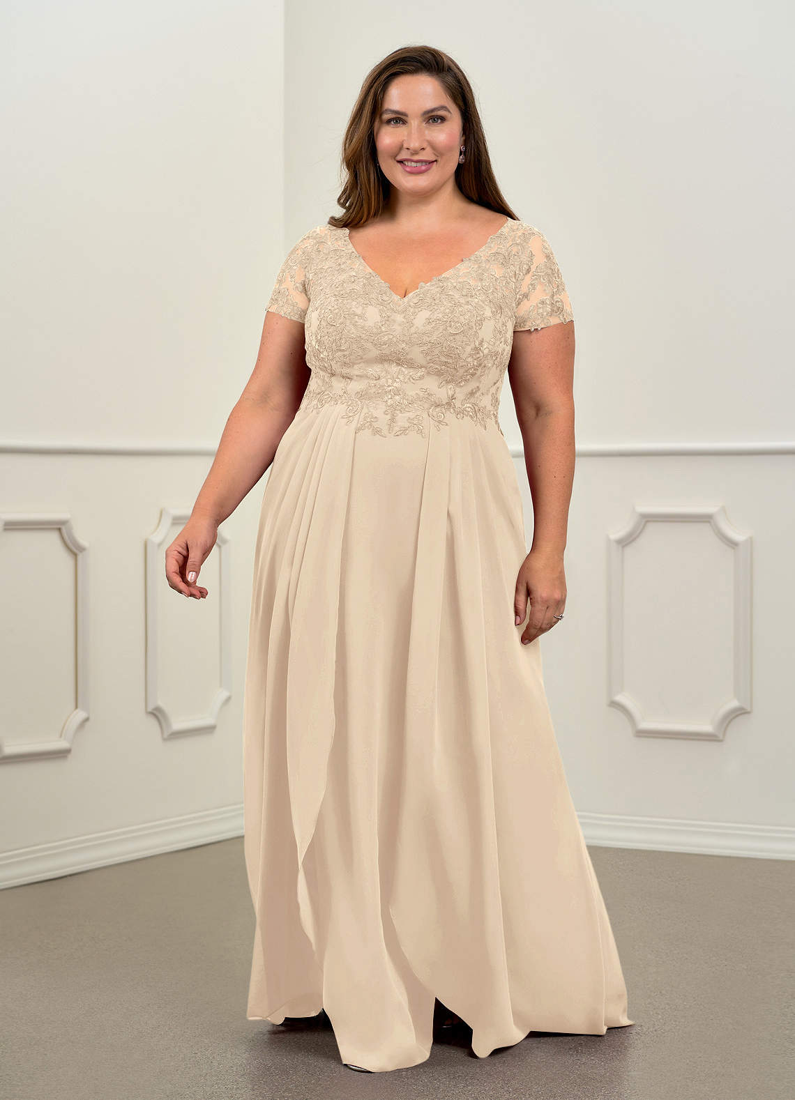 Champagne A-Line V-Neck Lace Chiffon Dress