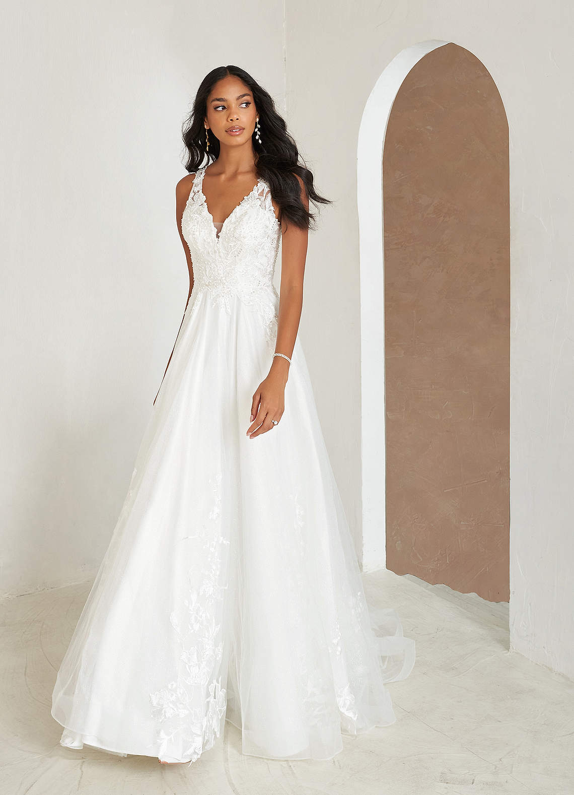Diamond White A-Line Sequins Matte Satin Dress
