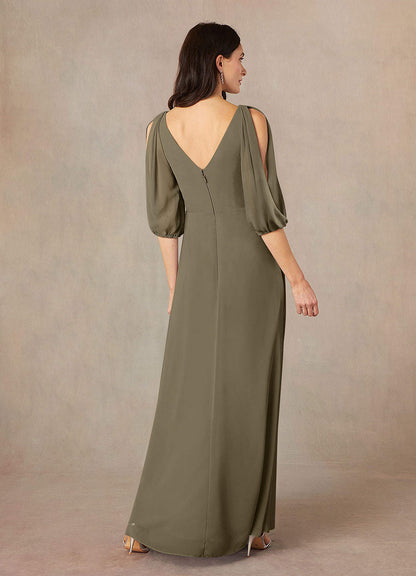 Willow Green A-Line V-Neck Ruched Chiffon Dress