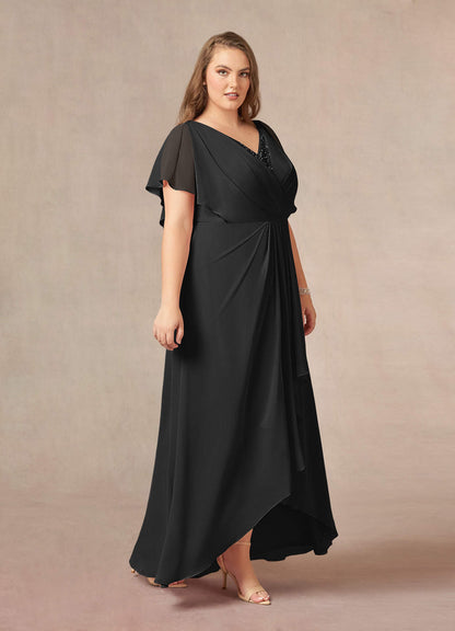 Black A-Line V-Neck Pleated Chiffon Dress