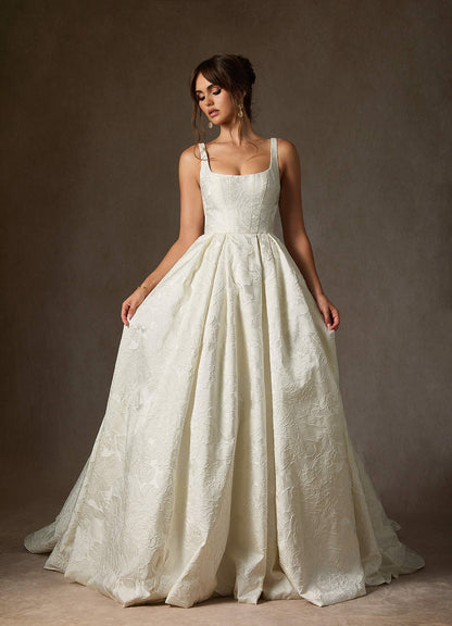 Antique White Ball-Gown with Pockets Floral Jacquard Dress