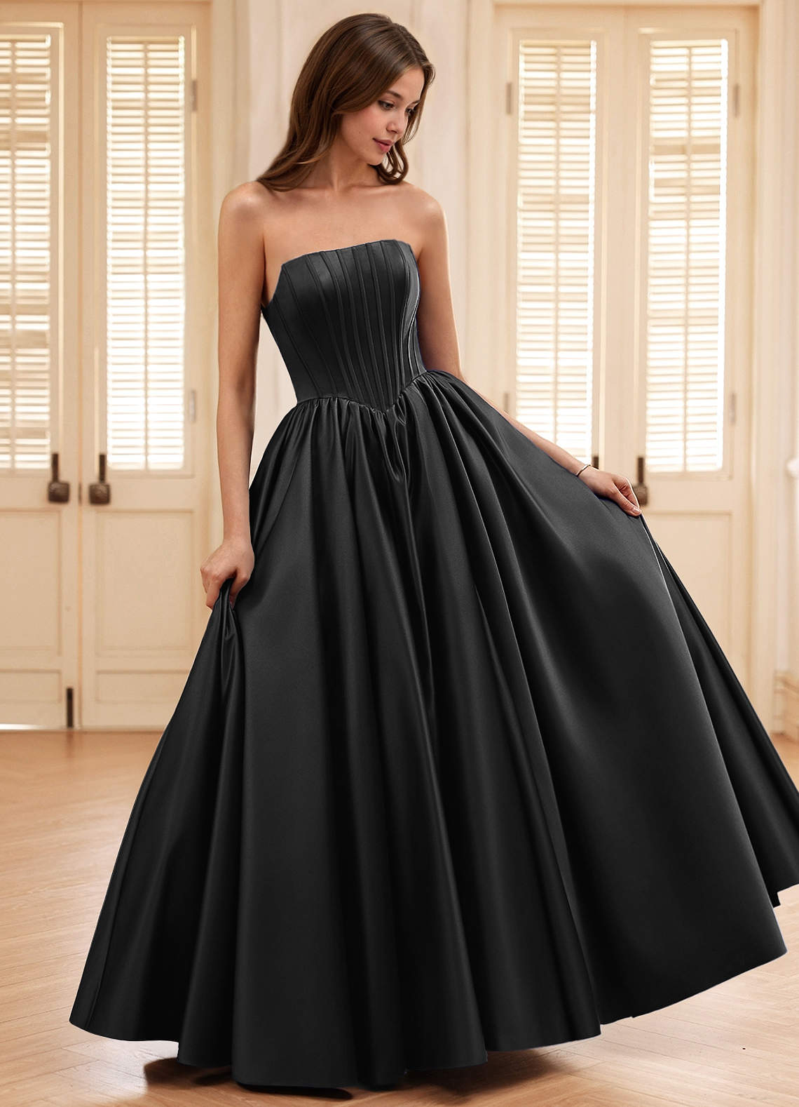 Seraphina Black A-Line Boned Corset Satin Prom Dress