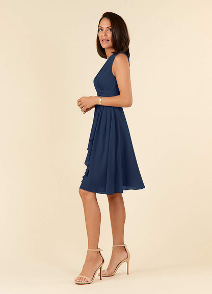 Dark Navy A-Line V-Neck Pleated Chiffon Dress