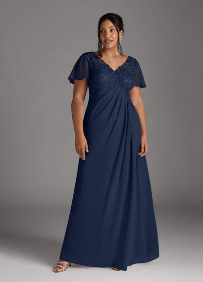 Dark Navy A-Line V-Neck Lace Chiffon Dress