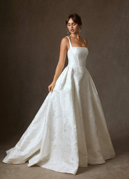 Diamond White Ball-Gown with Pockets Floral Jacquard Dress