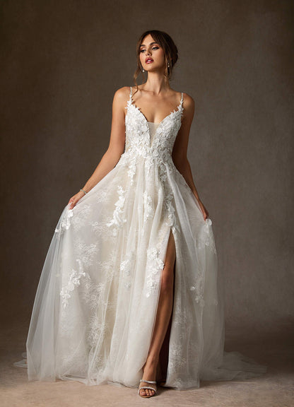 Diamond White Champagne A-Line Lace Tulle Dress