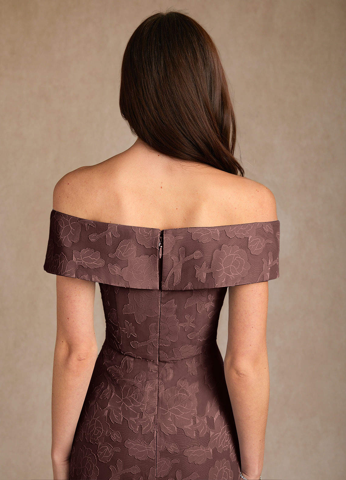 Espresso A-Line Off the Shoulder Floral Burnout Dress