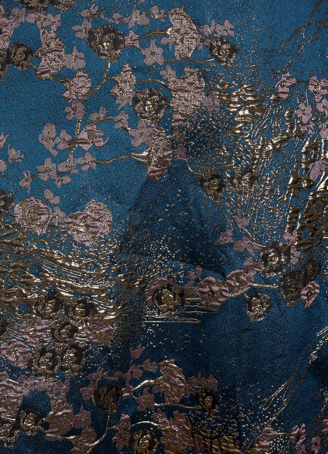 Teal Floral A-Line Pleated Brocade Dress