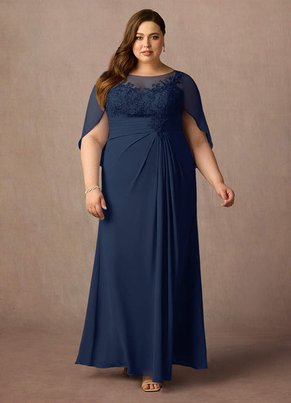 Dark Navy A-Line Lace Capelet Chiffon Dress