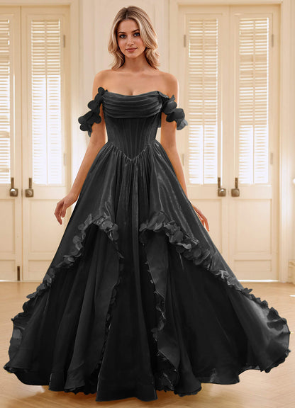 Elysia Black Corset Rhinestone Sheer Lace Prom Dress
