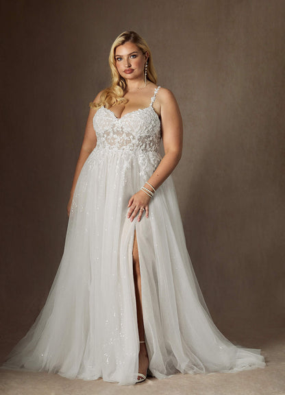 Diamond White A-Line V-Neck Sequins Tulle Dress