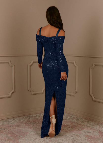 Dark Navy Sheath Sequins Lace Dress