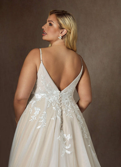 Diamond White Champagne A-Line V-Neck Sequins Tulle Dress